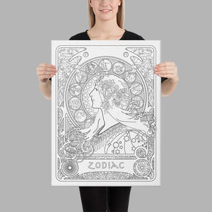 A ready-to-paint canvas of  Alphonse Mucha's zodiac poster